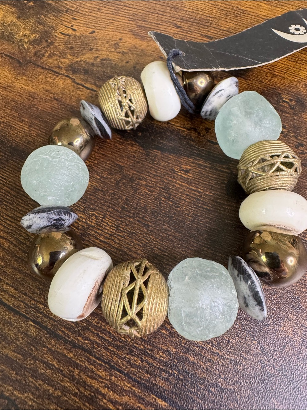 African Trade Beads Mixed Bead Stretch Bracelet - Seafoam & Brass